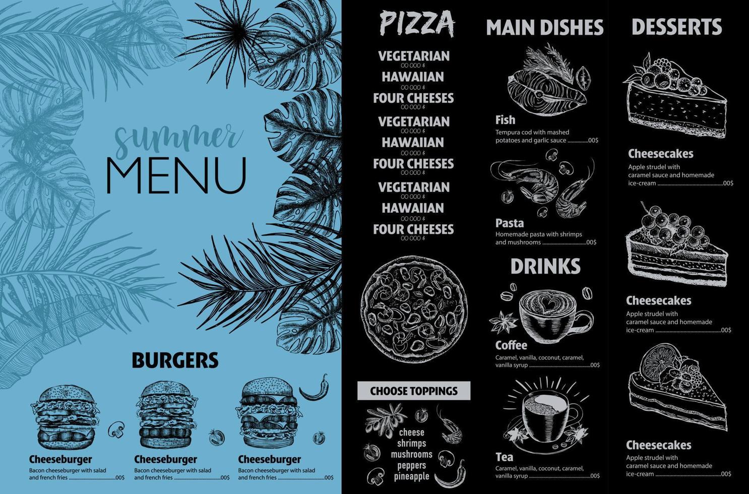 sommer menü. Restaurant-Menü-Design, handgezeichnete Illustrationen. Vektor-Food-Flyer. vektor