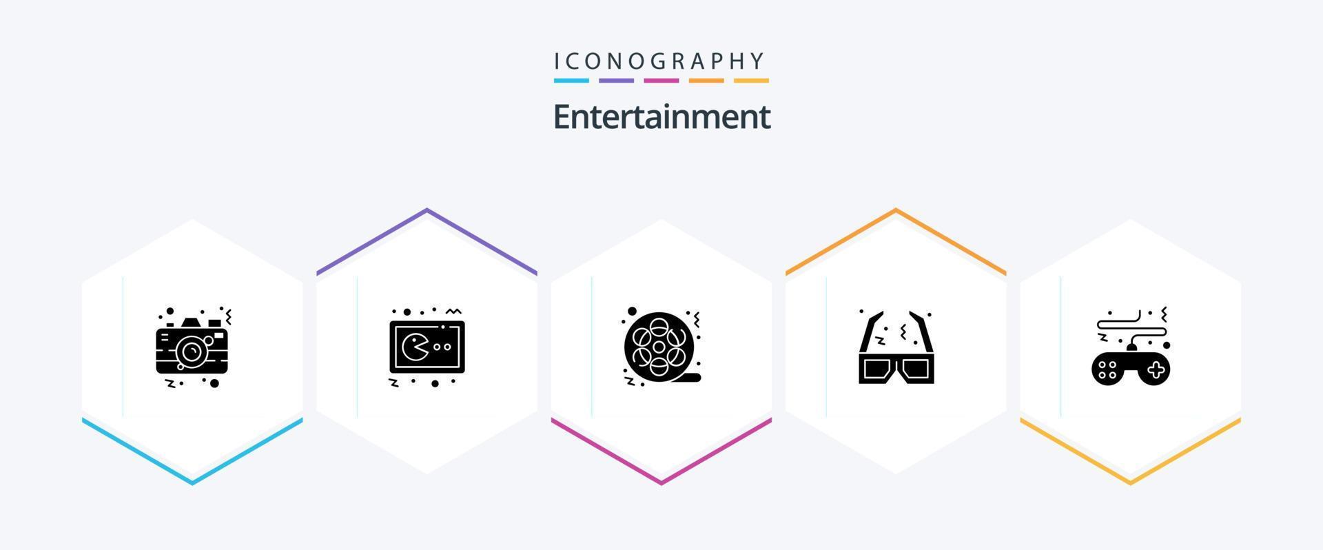 underhållning 25 glyf ikon packa Inklusive filma. glasögon. gamepad. multimedia. bio vektor