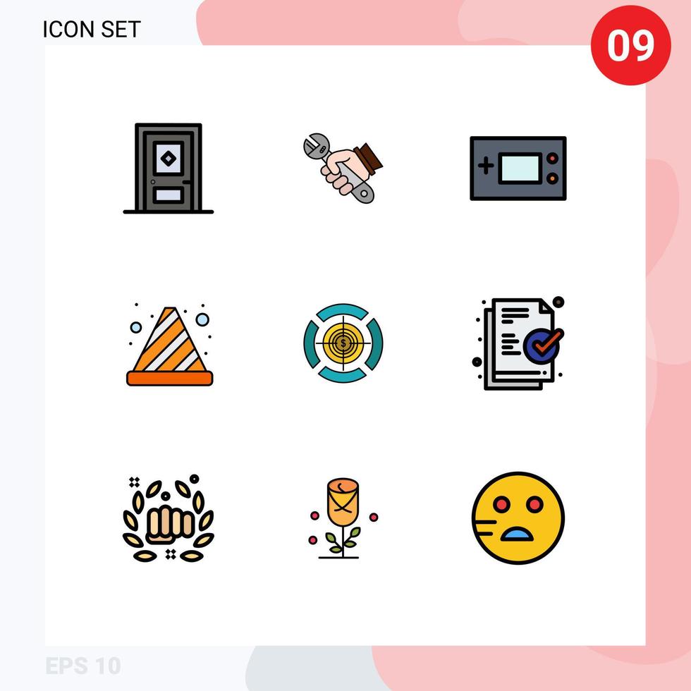 moderner Satz von 9 gefüllten flachen Farben und Symbolen wie Leitkegel Gefahr Handkegel Produkte editierbare Vektordesign-Elemente vektor