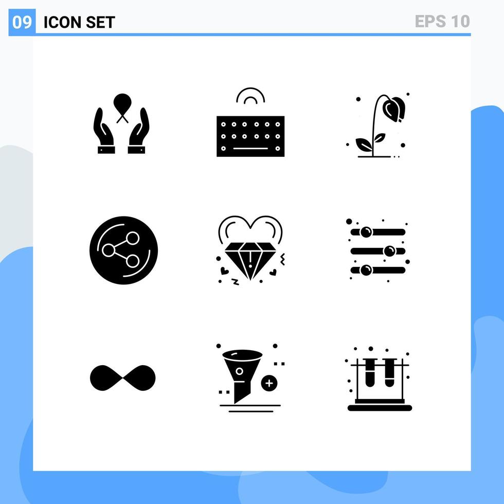 Gruppe von 9 modernen soliden Glyphen, die für die soziale Freigabe von editierbaren Vektordesign-Elementen der Liebesdiamant-Sonnenblume gesetzt werden vektor