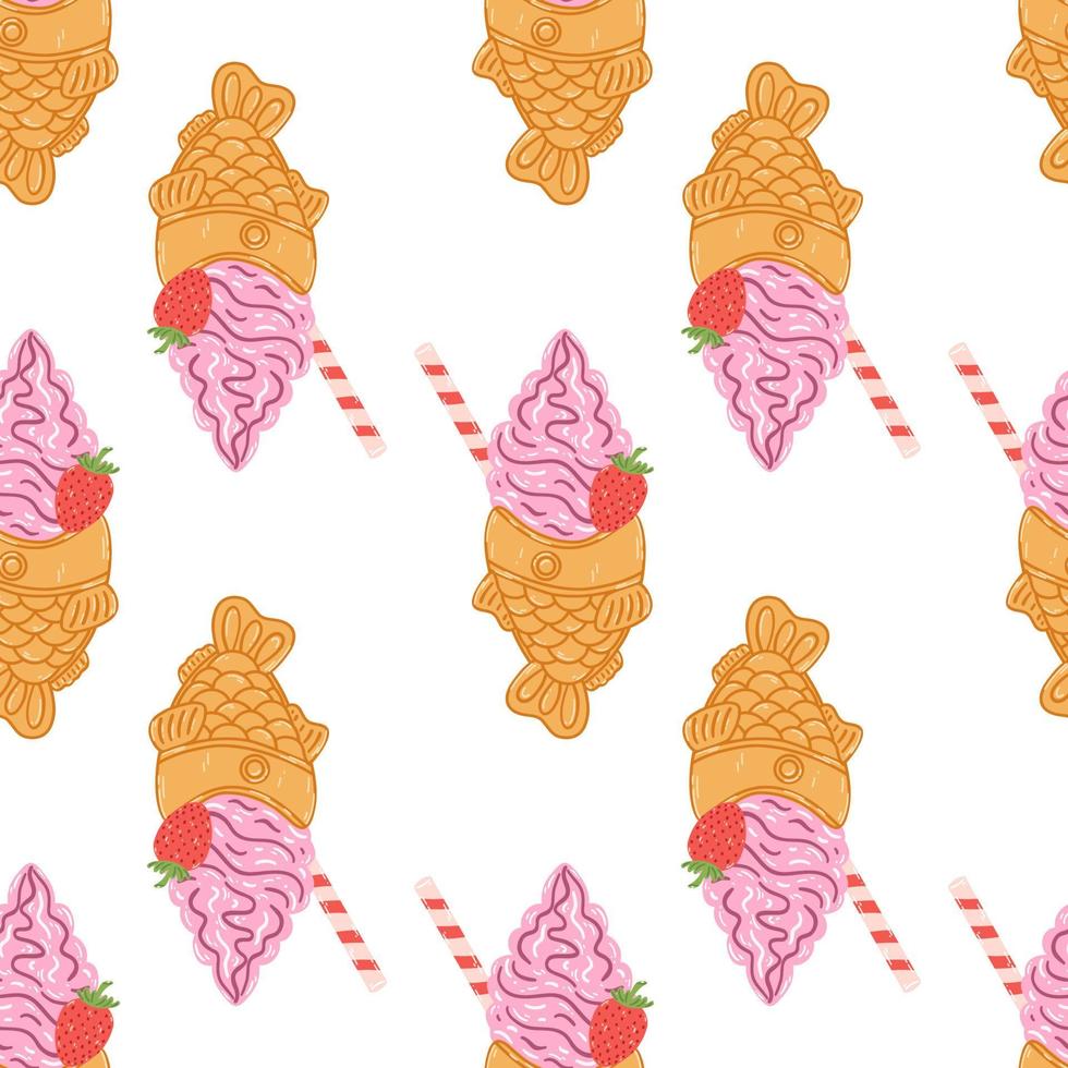 nahtloses muster mit taiyaki-fischförmigen eistüten im flachen karikaturstil. hand gezeichneter vektorhintergrund mit traditionellem japanischem essen, süß, dessert vektor