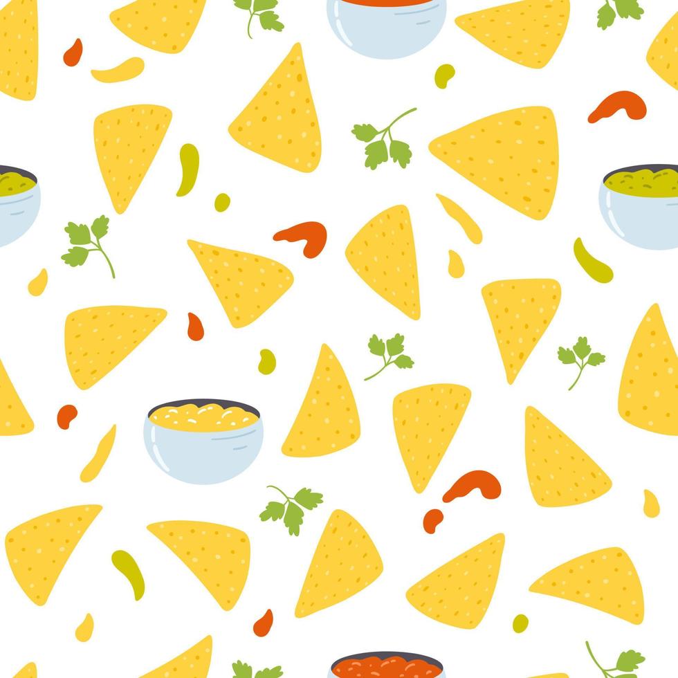sömlös mönster med tortilla pommes frites i tecknad serie platt stil. hand dragen vektor bakgrund med nachos tortillas, mexikansk mat