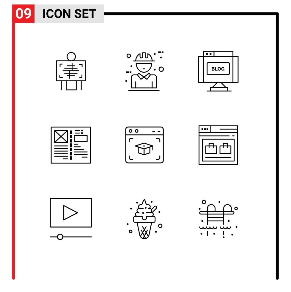 Packung mit 9 modernen Umrisszeichen und Symbolen für Web-Printmedien wie Layout-Design-Design-Browser schreiben bearbeitbare Vektordesign-Elemente vektor