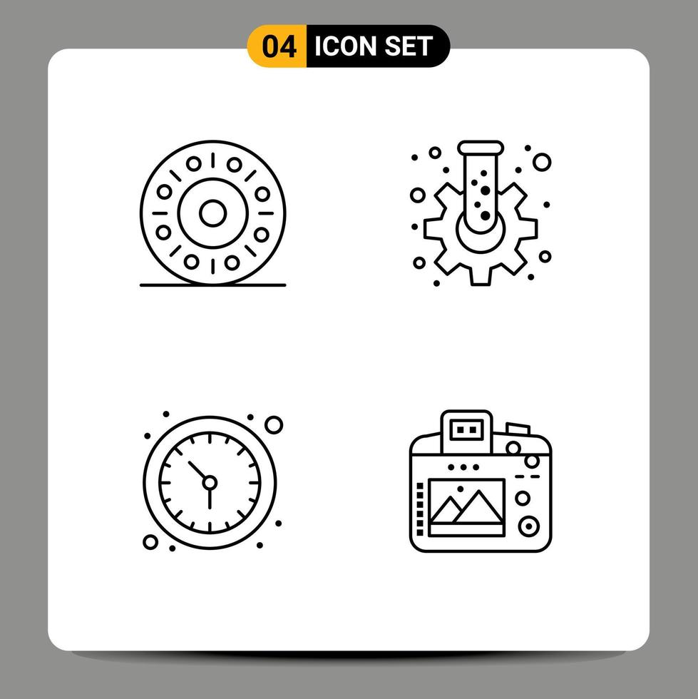 Packung mit 4 kreativen Filledline-Flachfarben von Donut-Uhr-Zahnradkamera editierbaren Vektordesign-Elementen vektor