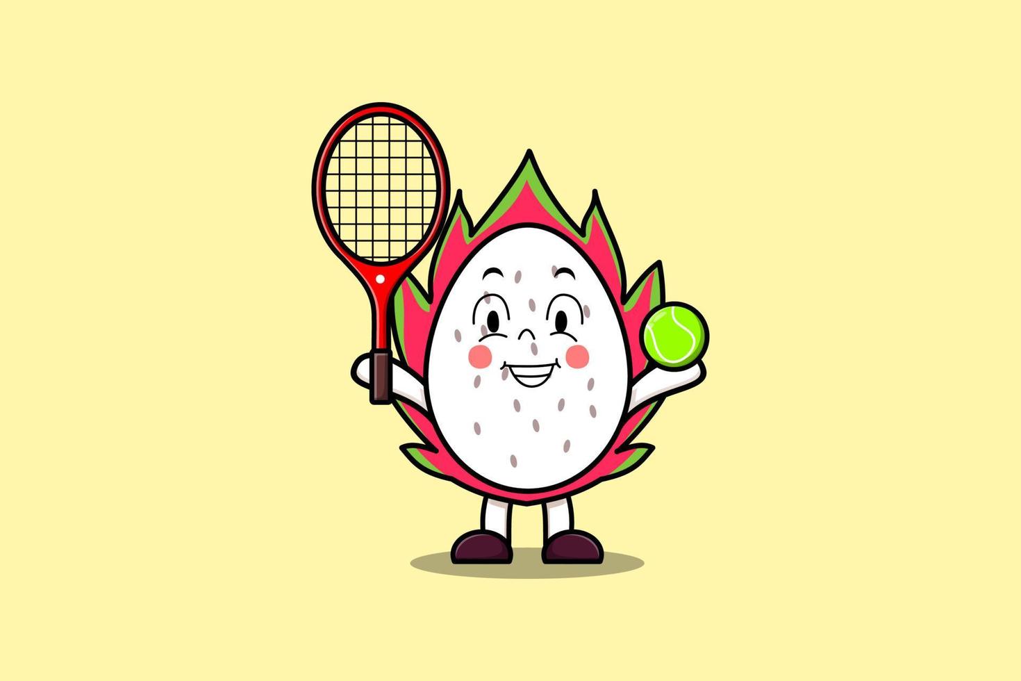 niedliche Cartoon-Drachenfrucht, die Tennisplatz spielt vektor