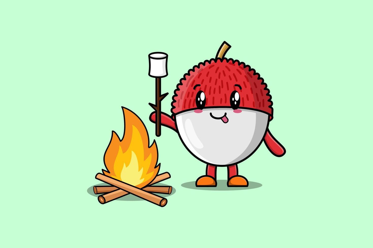 söt tecknad serie litchi karaktär brinnande marshmallow vektor