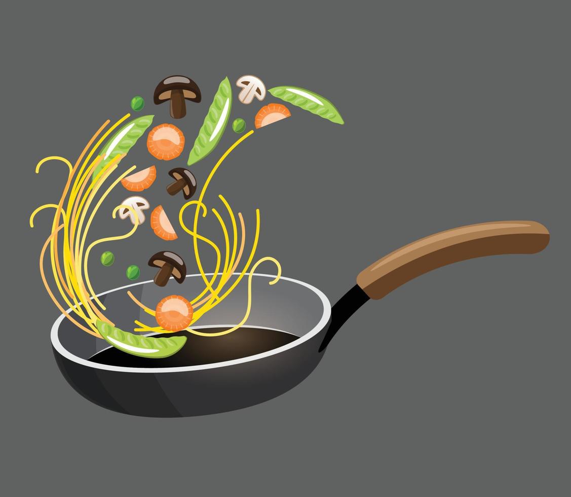 Spaghetti mit Gemüse, das in einer Pfannenvektorillustration kocht vektor