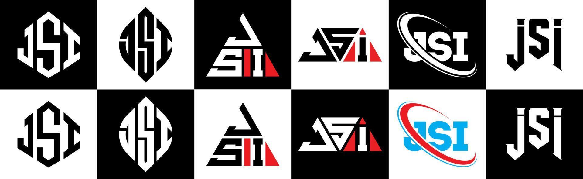 jsi brev logotyp design i sex stil. jsi polygon, cirkel, triangel, sexhörning, platt och enkel stil med svart och vit Färg variation brev logotyp uppsättning i ett rittavla. jsi minimalistisk och klassisk logotyp vektor