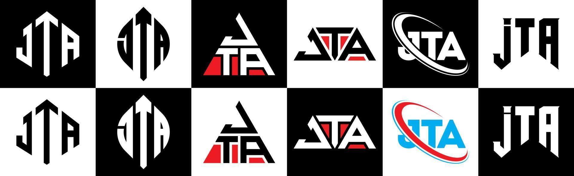 JTA-Buchstaben-Logo-Design in sechs Stilen. jta polygon, kreis, dreieck, sechseck, flacher und einfacher stil mit schwarz-weißem buchstabenlogo in einer zeichenfläche. jta minimalistisches und klassisches Logo vektor