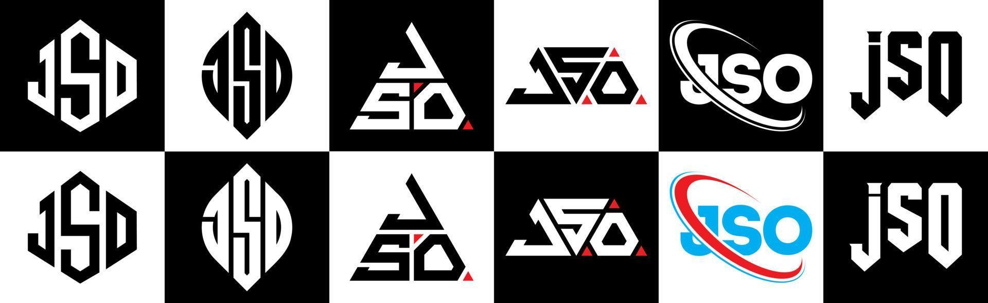 JSO-Brief-Logo-Design in sechs Stilen. jso polygon, kreis, dreieck, sechseck, flacher und einfacher stil mit schwarz-weißem buchstabenlogo in einer zeichenfläche. jso minimalistisches und klassisches Logo vektor