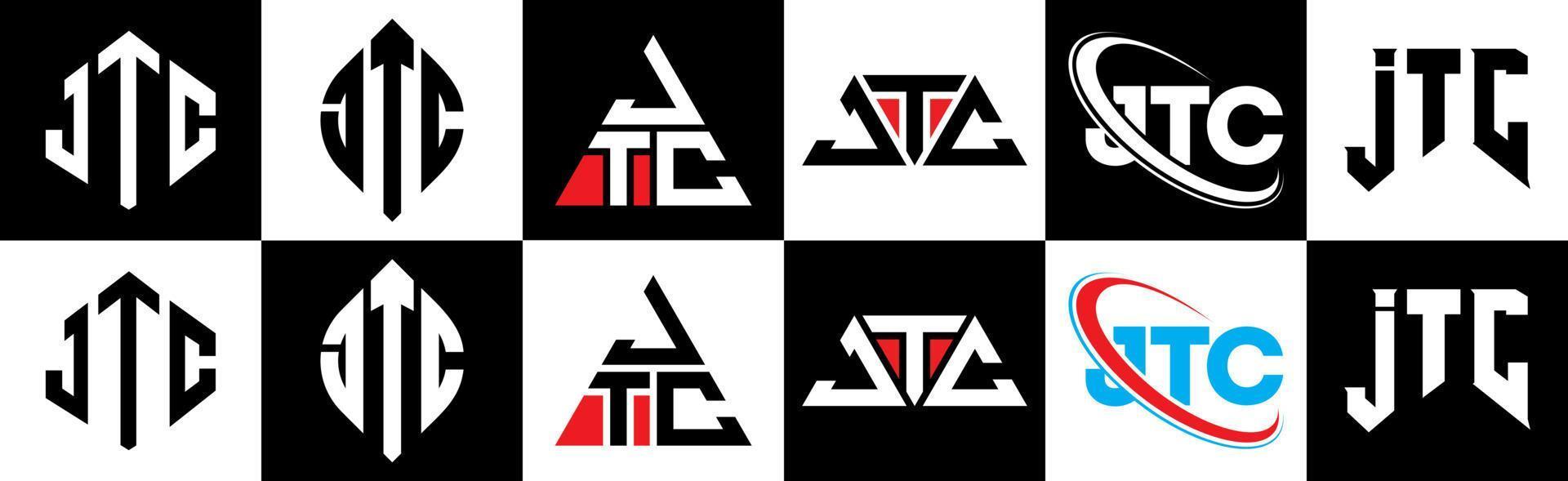 JTC-Brief-Logo-Design in sechs Stilen. jtc polygon, kreis, dreieck, hexagon, flacher und einfacher stil mit schwarz-weißem buchstabenlogo in einer zeichenfläche. JTC minimalistisches und klassisches Logo vektor