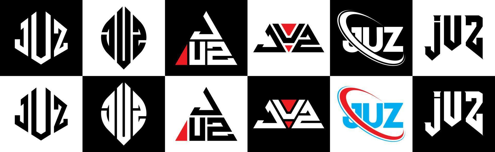 Juz-Brief-Logo-Design in sechs Stilen. Juz-Polygon, Kreis, Dreieck, Sechseck, flacher und einfacher Stil mit schwarz-weißem Buchstabenlogo in einer Zeichenfläche. juz minimalistisches und klassisches Logo vektor