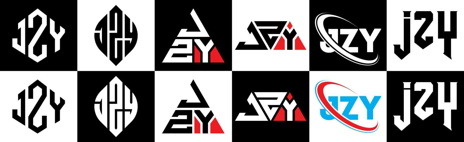 jzy-Buchstaben-Logo-Design in sechs Stilen. jzy polygon, kreis, dreieck, sechseck, flacher und einfacher stil mit schwarz-weißem buchstabenlogo in einer zeichenfläche. jzy minimalistisches und klassisches Logo vektor