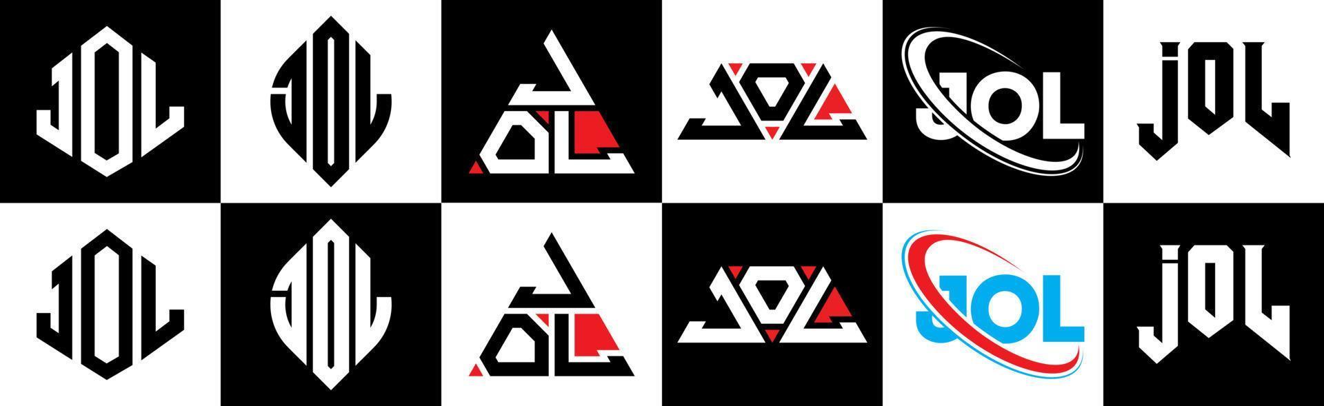 Jol-Buchstaben-Logo-Design in sechs Stilen. Jol-Polygon, Kreis, Dreieck, Sechseck, flacher und einfacher Stil mit schwarz-weißem Buchstabenlogo in einer Zeichenfläche. Jol minimalistisches und klassisches Logo vektor