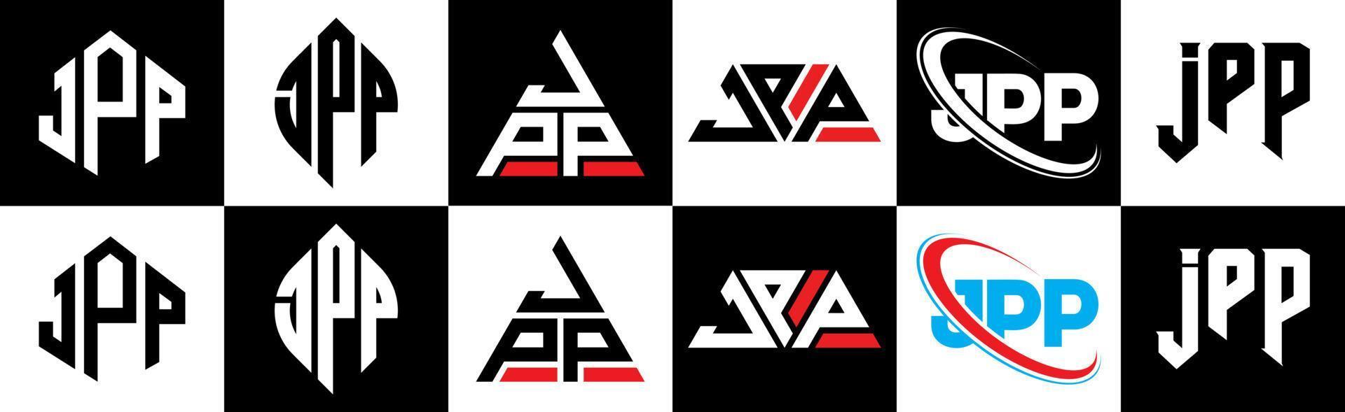 jpp-Buchstaben-Logo-Design in sechs Stilen. jpp Polygon, Kreis, Dreieck, Sechseck, flacher und einfacher Stil mit schwarz-weißem Buchstabenlogo in einer Zeichenfläche. jpp minimalistisches und klassisches Logo vektor