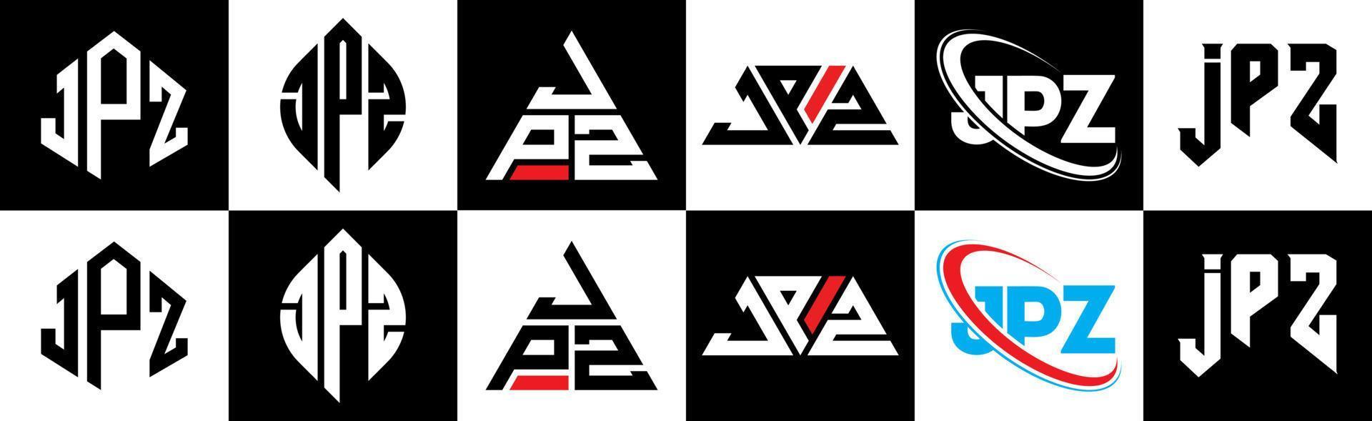 jpz brev logotyp design i sex stil. jpz polygon, cirkel, triangel, sexhörning, platt och enkel stil med svart och vit Färg variation brev logotyp uppsättning i ett rittavla. jpz minimalistisk och klassisk logotyp vektor