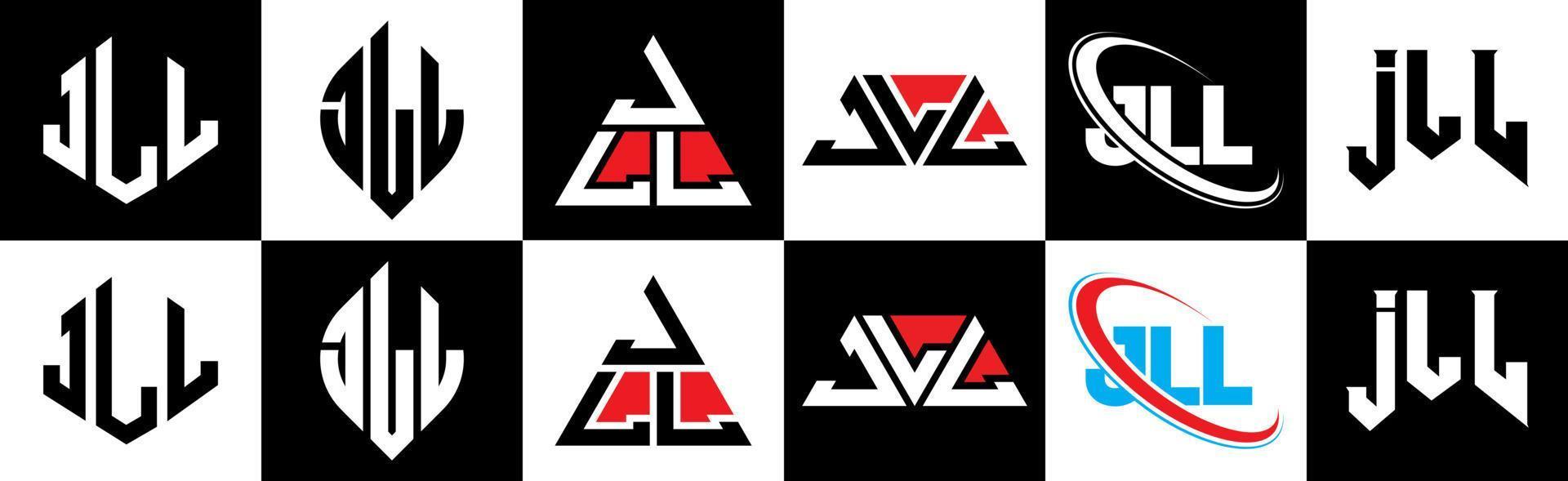 Jll-Buchstaben-Logo-Design in sechs Stilen. jll polygon, kreis, dreieck, sechseck, flacher und einfacher stil mit schwarz-weißem buchstabenlogo in einer zeichenfläche. Jll minimalistisches und klassisches Logo vektor