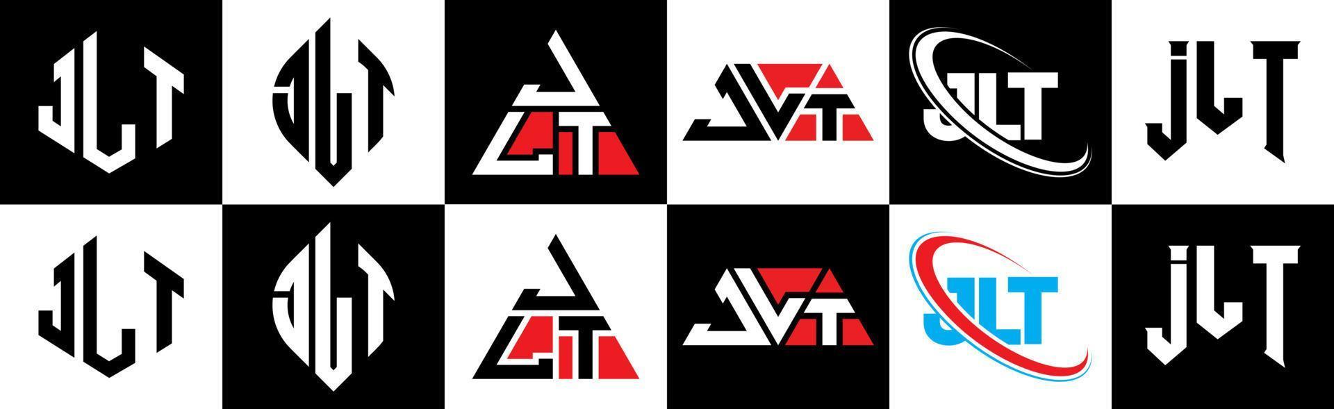 jlt-Buchstaben-Logo-Design in sechs Stilen. jlt polygon, kreis, dreieck, sechseck, flacher und einfacher stil mit schwarz-weißem buchstabenlogo in einer zeichenfläche. jlt minimalistisches und klassisches Logo vektor