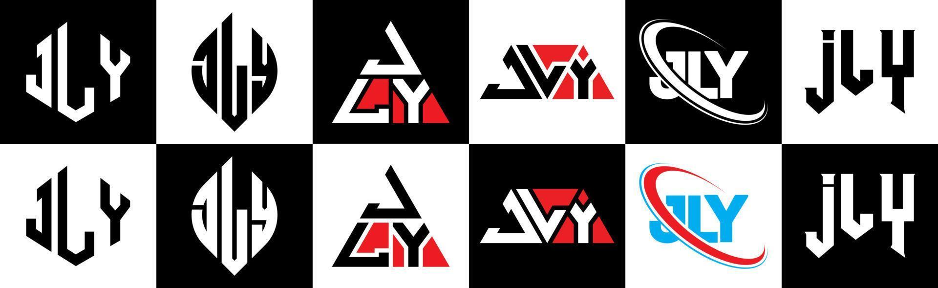 jly brev logotyp design i sex stil. jly polygon, cirkel, triangel, sexhörning, platt och enkel stil med svart och vit Färg variation brev logotyp uppsättning i ett rittavla. jly minimalistisk och klassisk logotyp vektor