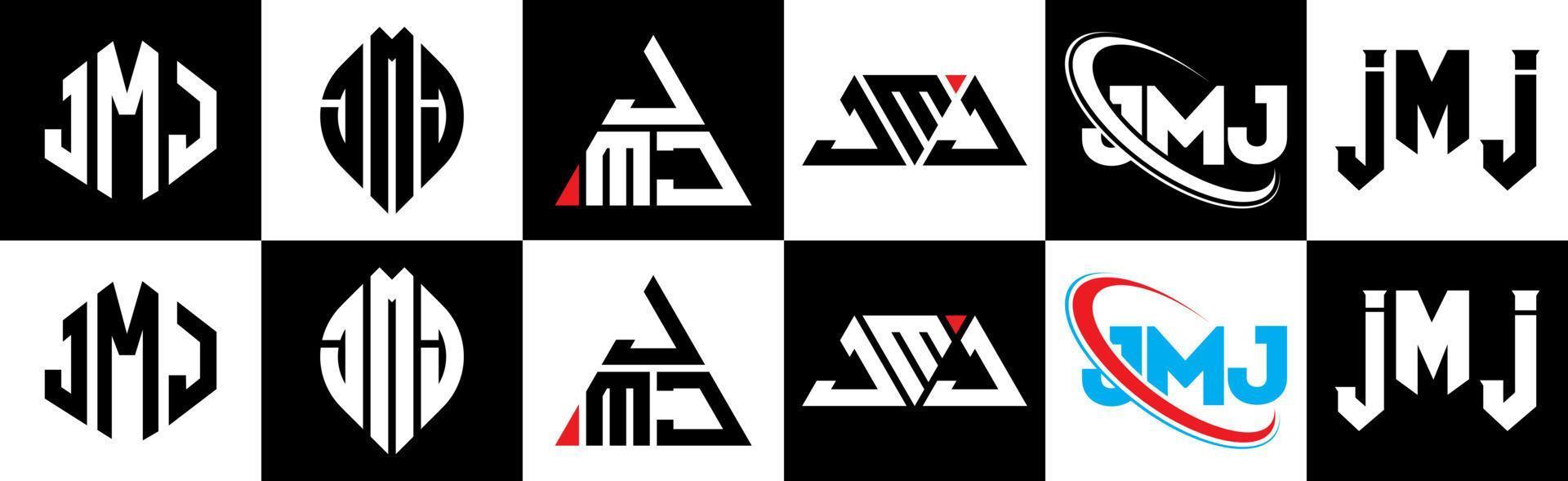 jmj-Buchstaben-Logo-Design in sechs Stilen. jmj Polygon, Kreis, Dreieck, Sechseck, flacher und einfacher Stil mit schwarz-weißem Buchstabenlogo in einer Zeichenfläche. jmj minimalistisches und klassisches Logo vektor