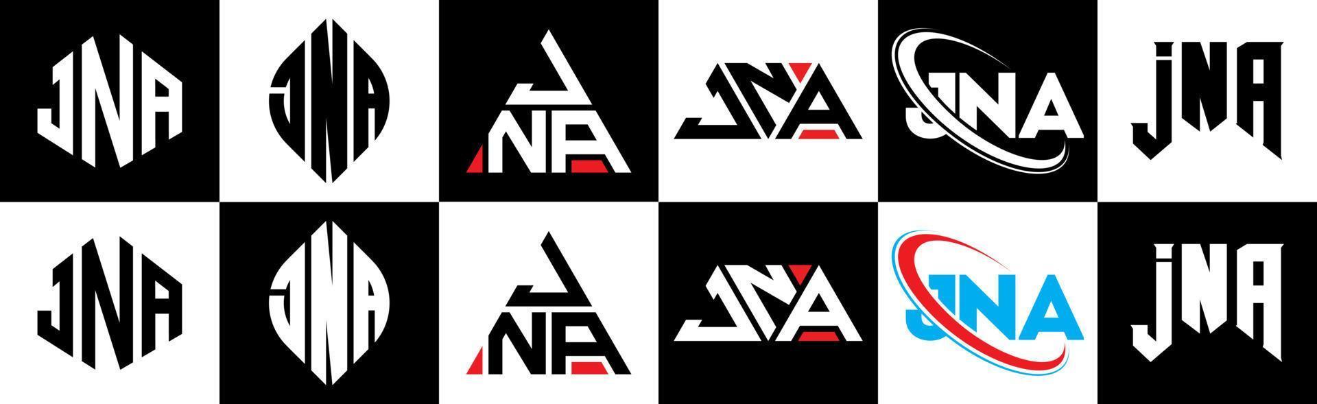 jna brev logotyp design i sex stil. jna polygon, cirkel, triangel, sexhörning, platt och enkel stil med svart och vit Färg variation brev logotyp uppsättning i ett rittavla. jna minimalistisk och klassisk logotyp vektor