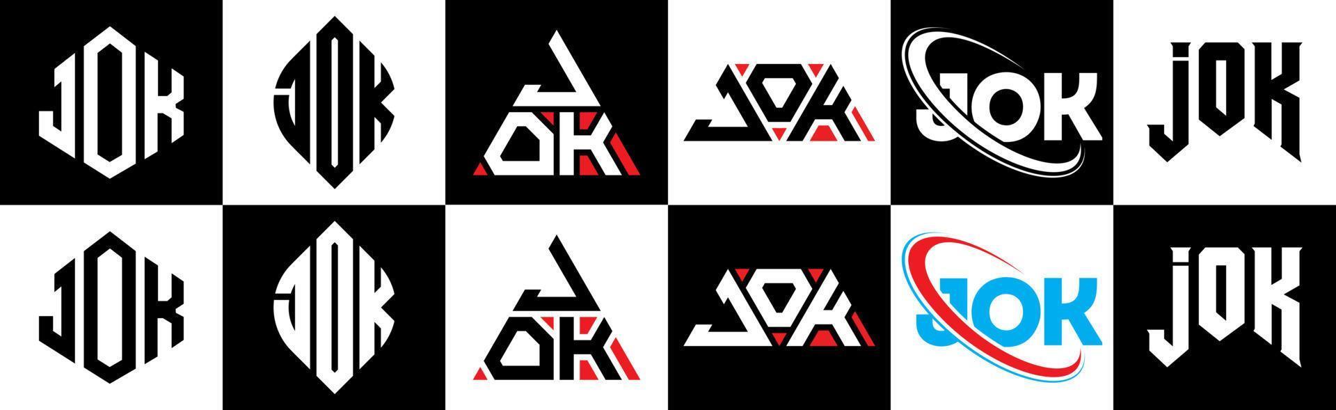 Jok-Buchstaben-Logo-Design in sechs Stilen. Jok-Polygon, Kreis, Dreieck, Sechseck, flacher und einfacher Stil mit schwarz-weißem Buchstabenlogo in einer Zeichenfläche. Jok minimalistisches und klassisches Logo vektor