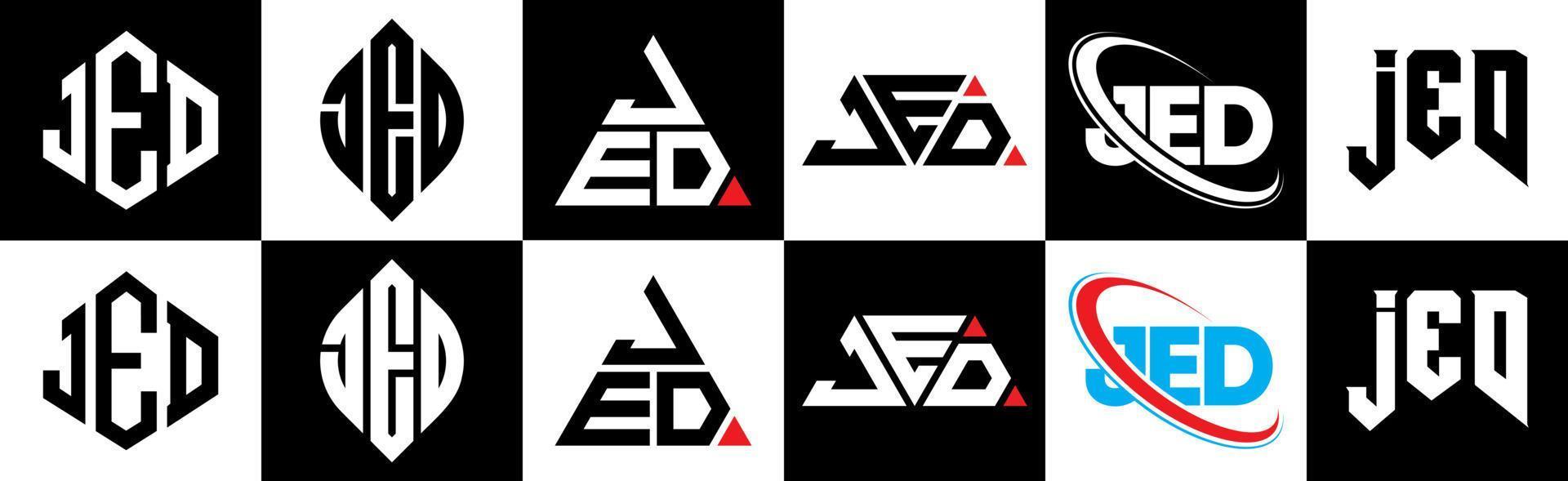 Jed-Buchstaben-Logo-Design in sechs Stilen. jed polygon, kreis, dreieck, sechseck, flacher und einfacher stil mit schwarz-weißem buchstabenlogo in einer zeichenfläche. jed minimalistisches und klassisches logo vektor
