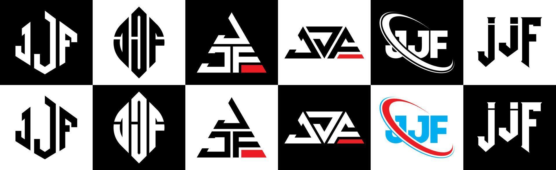 jjf-Buchstaben-Logo-Design in sechs Stilen. jjf polygon, kreis, dreieck, sechseck, flacher und einfacher stil mit schwarz-weißem buchstabenlogo in einer zeichenfläche. JJF minimalistisches und klassisches Logo vektor