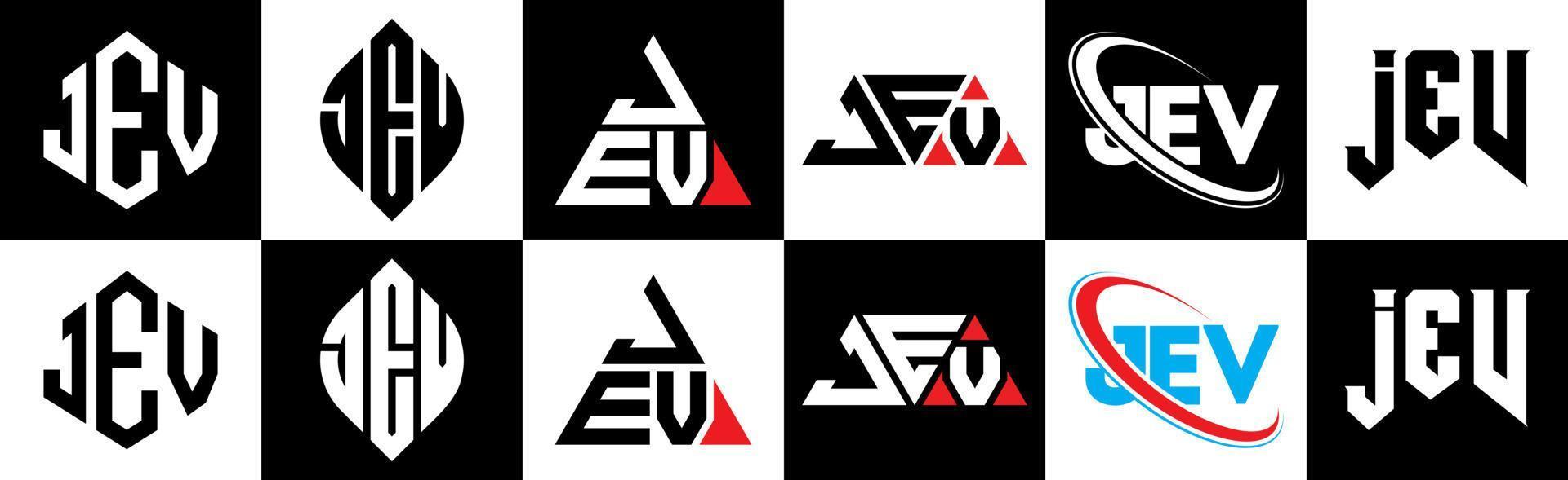 Jev-Buchstaben-Logo-Design in sechs Stilen. jev polygon, kreis, dreieck, sechseck, flacher und einfacher stil mit schwarz-weißem buchstabenlogo in einer zeichenfläche. Jev minimalistisches und klassisches Logo vektor