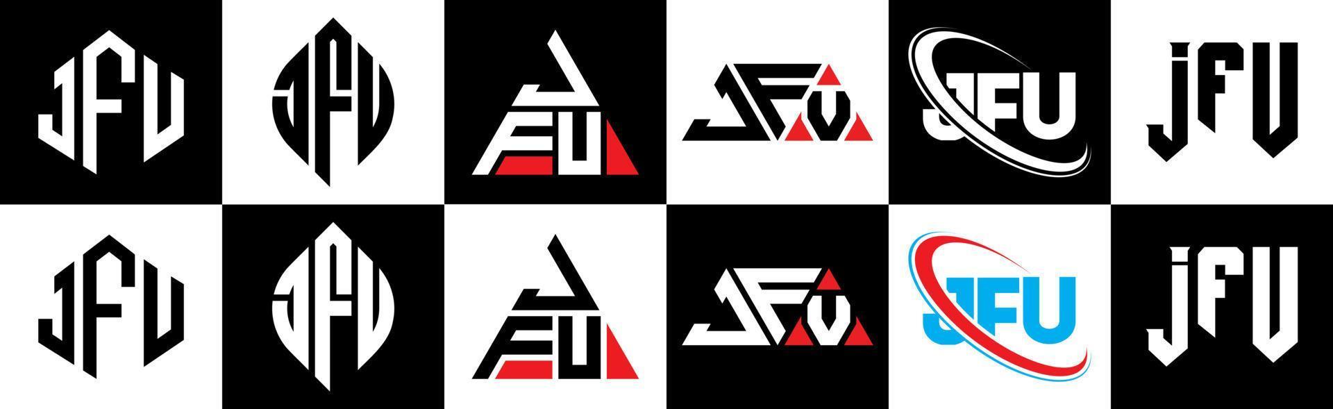 jfu-Buchstaben-Logo-Design in sechs Stilen. jfu Polygon, Kreis, Dreieck, Sechseck, flacher und einfacher Stil mit schwarz-weißem Buchstabenlogo in einer Zeichenfläche. jfu minimalistisches und klassisches Logo vektor