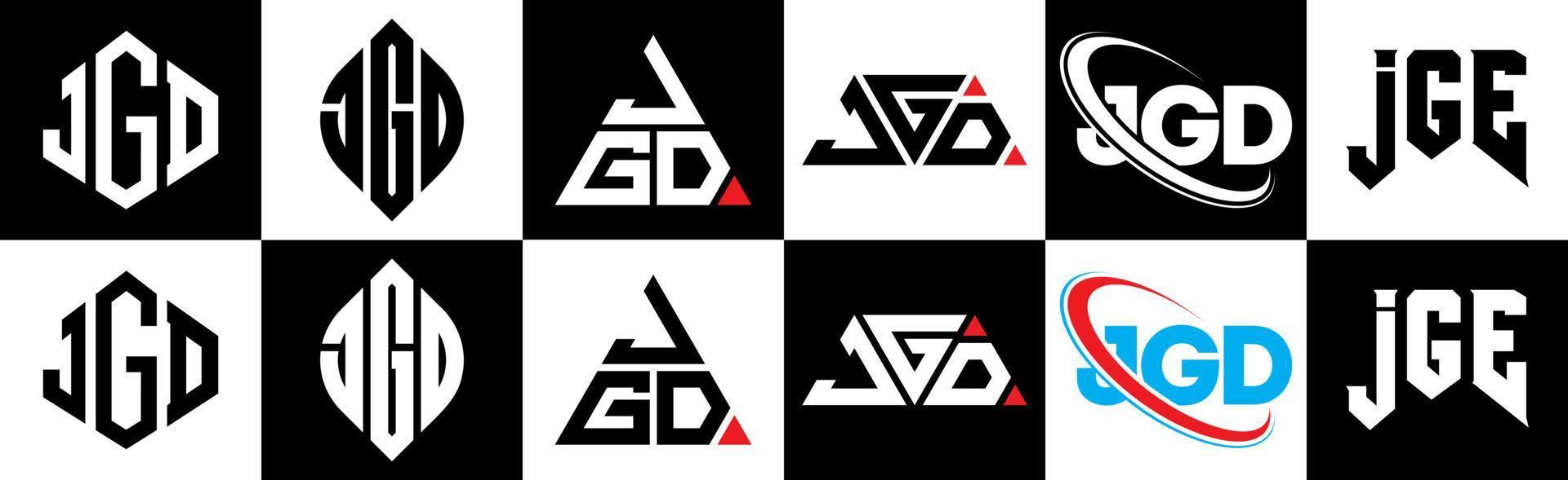 jgd-Buchstaben-Logo-Design in sechs Stilen. jgd Polygon, Kreis, Dreieck, Sechseck, flacher und einfacher Stil mit schwarz-weißem Buchstabenlogo in einer Zeichenfläche. jgd minimalistisches und klassisches logo vektor