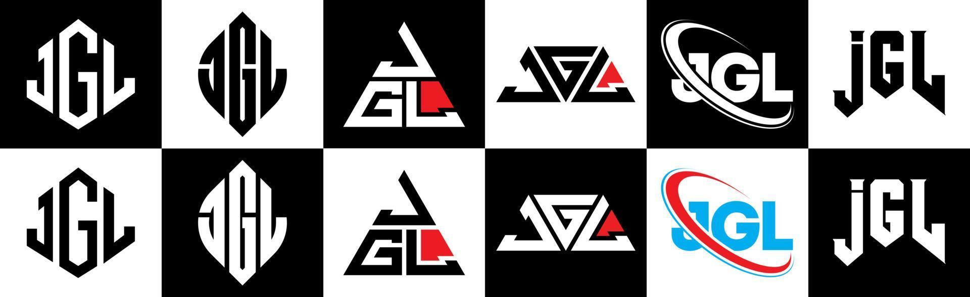 jgl brev logotyp design i sex stil. jgl polygon, cirkel, triangel, sexhörning, platt och enkel stil med svart och vit Färg variation brev logotyp uppsättning i ett rittavla. jgl minimalistisk och klassisk logotyp vektor