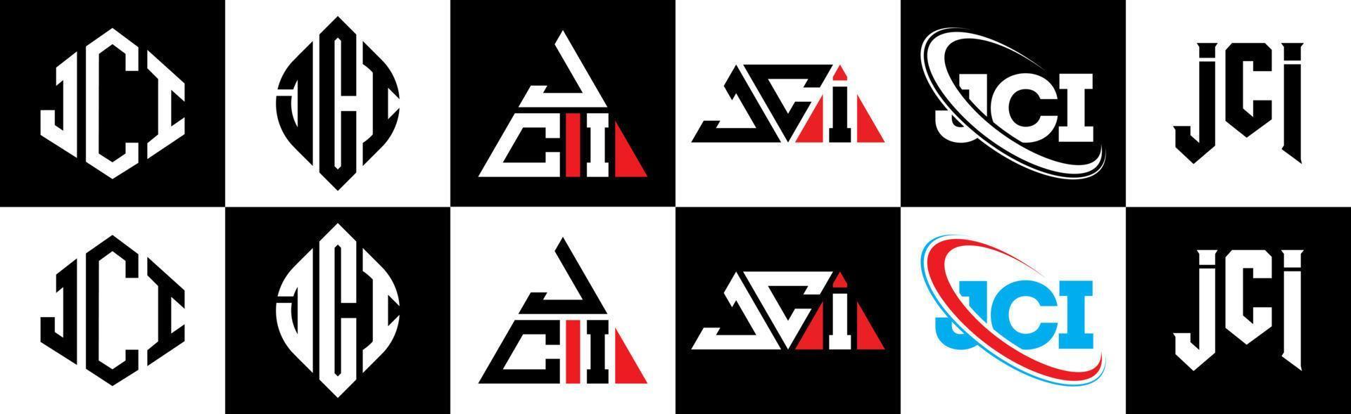 JCI-Brief-Logo-Design in sechs Stilen. jci polygon, kreis, dreieck, sechseck, flacher und einfacher stil mit schwarz-weißem buchstabenlogo in einer zeichenfläche. JCI minimalistisches und klassisches Logo vektor