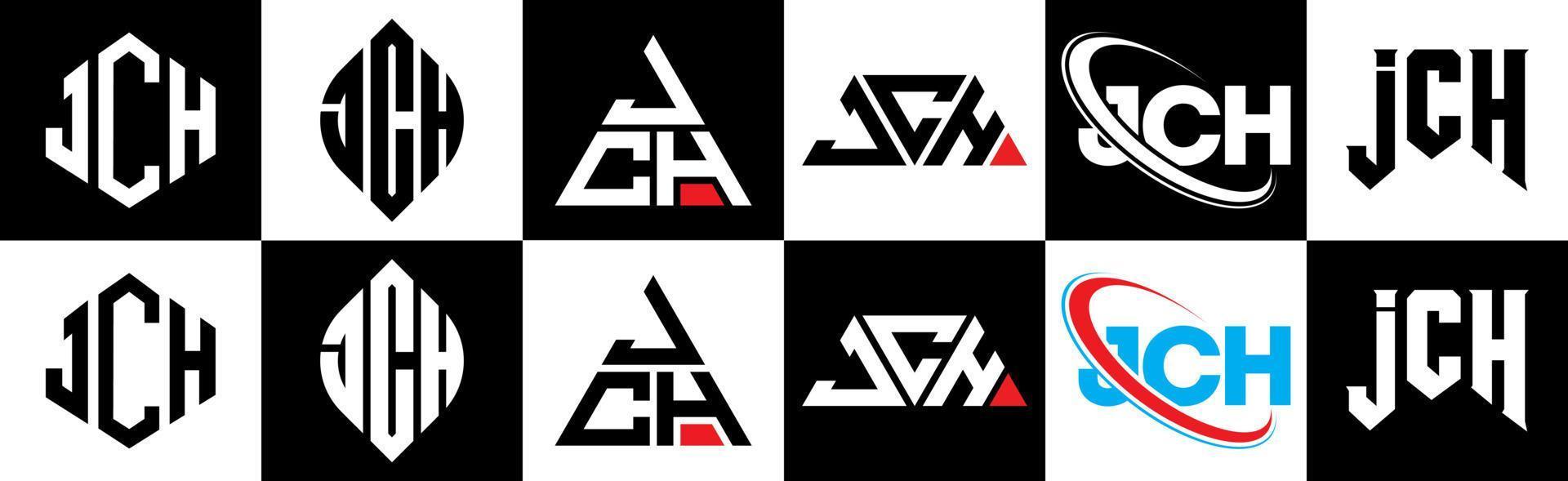 jch brev logotyp design i sex stil. jch polygon, cirkel, triangel, sexhörning, platt och enkel stil med svart och vit Färg variation brev logotyp uppsättning i ett rittavla. jch minimalistisk och klassisk logotyp vektor