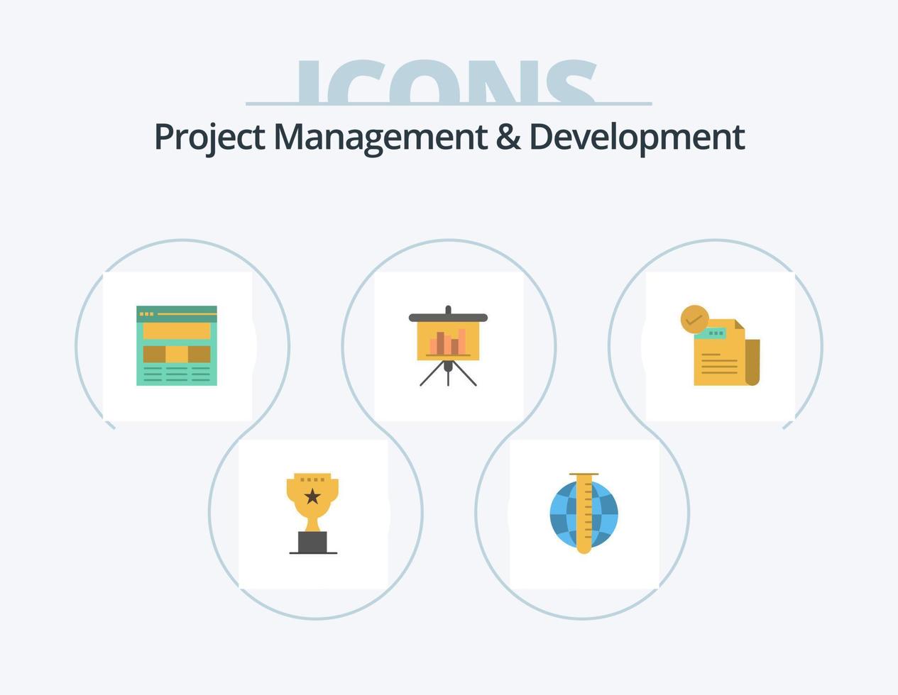 Projektmanagement und Entwicklung Flat Icon Pack 5 Icon Design. Prüfbericht. Tafel. Forschung. Präsentation. Netz vektor