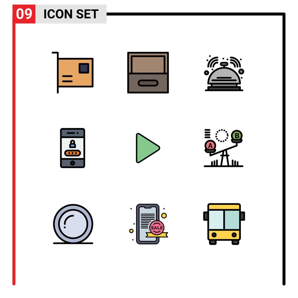 Mobile Schnittstelle Filledline Flat Color Set von 9 Piktogrammen von Control Password Bell Lock Service editierbare Vektordesign-Elemente vektor