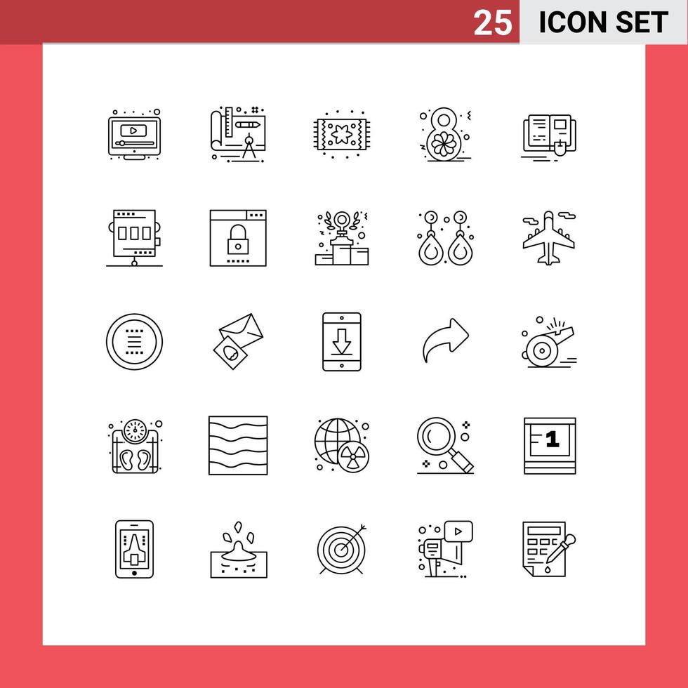 Stock Vector Icon Pack mit 25 Zeilenzeichen und Symbolen für die Einrichtung von Wissensbüchern feiern bearbeitbare Vektordesignelemente mit Blumen