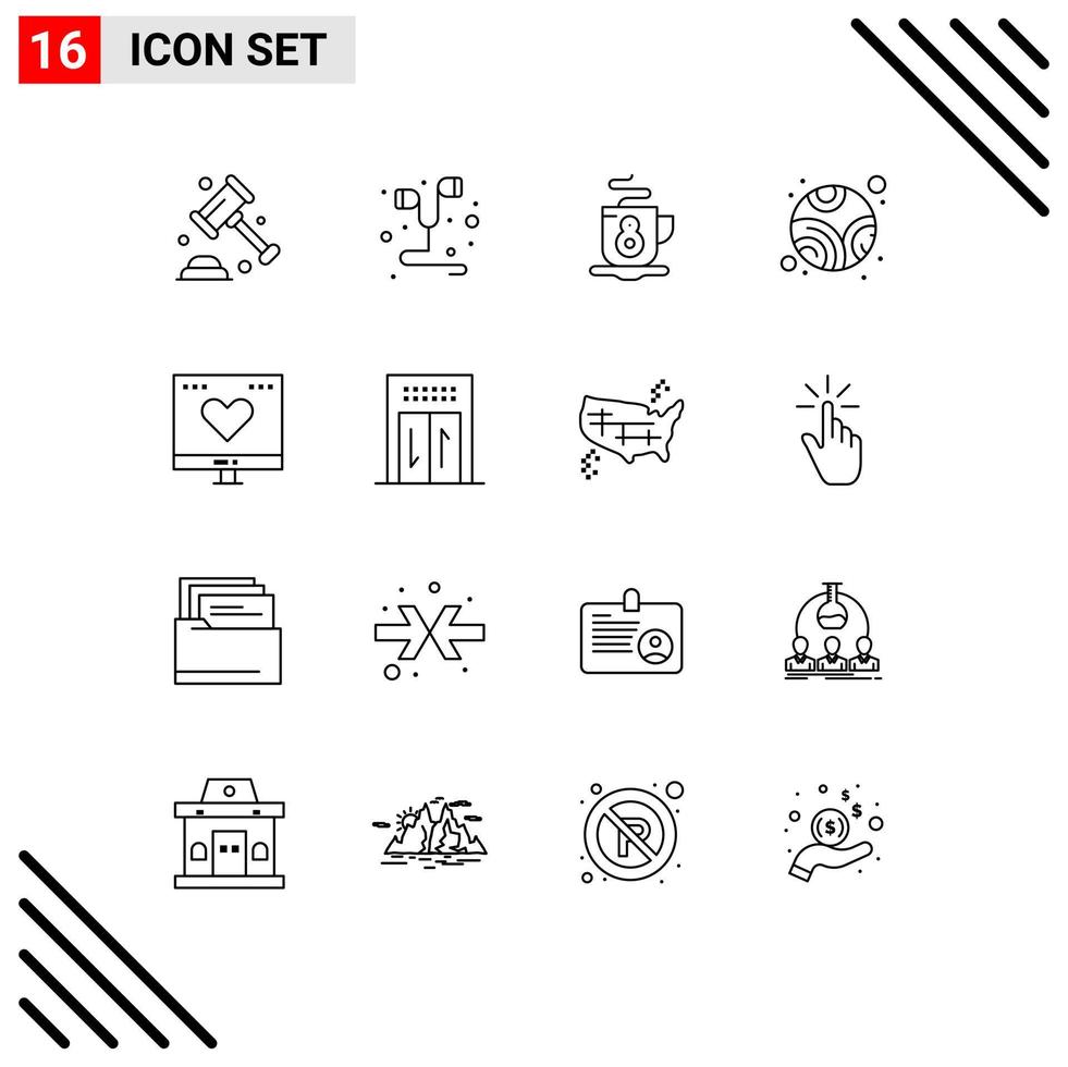 Mobile Interface Gliederungssatz von 16 Piktogrammen von editierbaren Vektordesignelementen für Liebesfinanzkaffee Lieblingsplaneten vektor