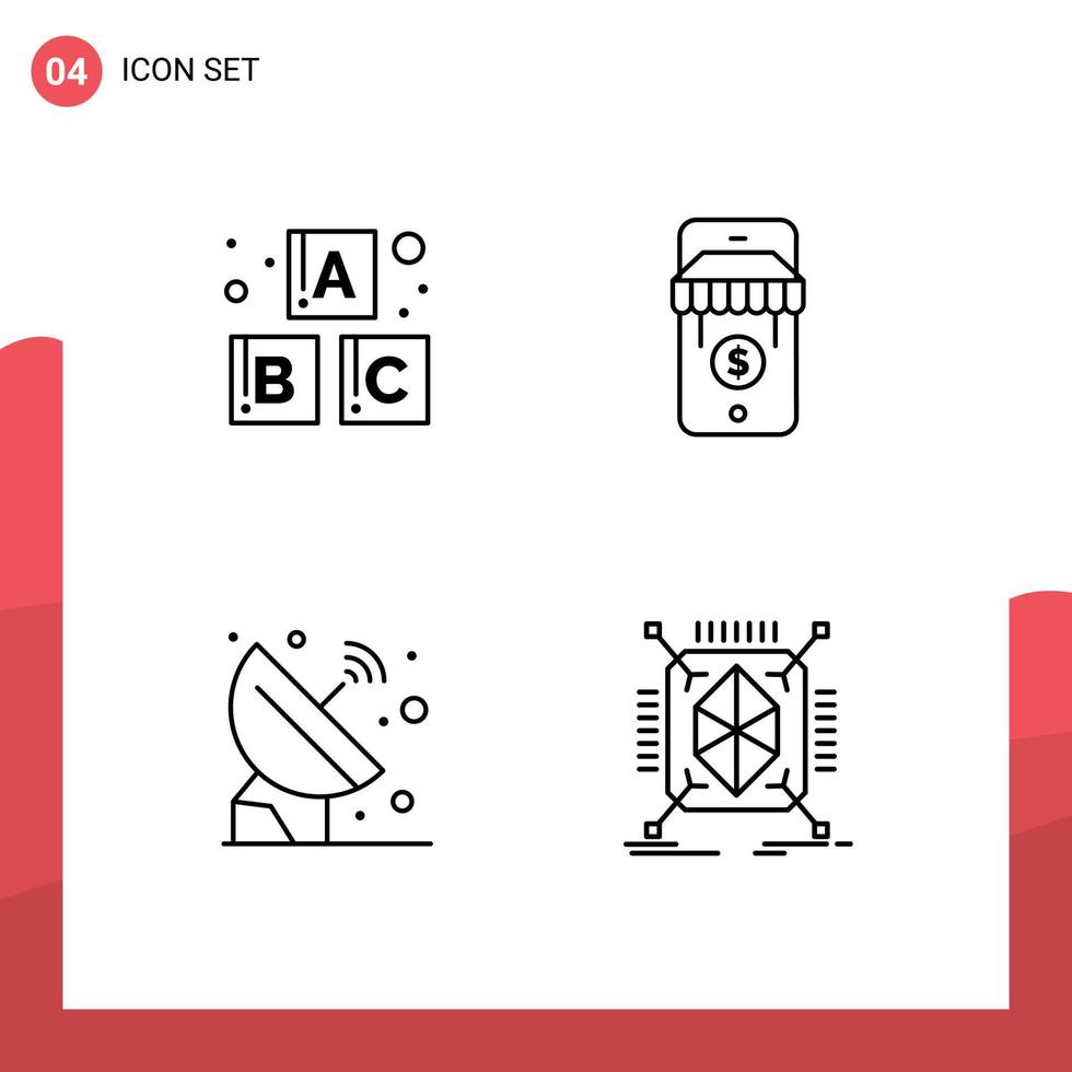 Aktienvektor-Icon-Pack mit 4 Zeilenzeichen und Symbolen für Alphabet-Signal-E-Commerce-Satellitenobjekt editierbare Vektordesign-Elemente vektor