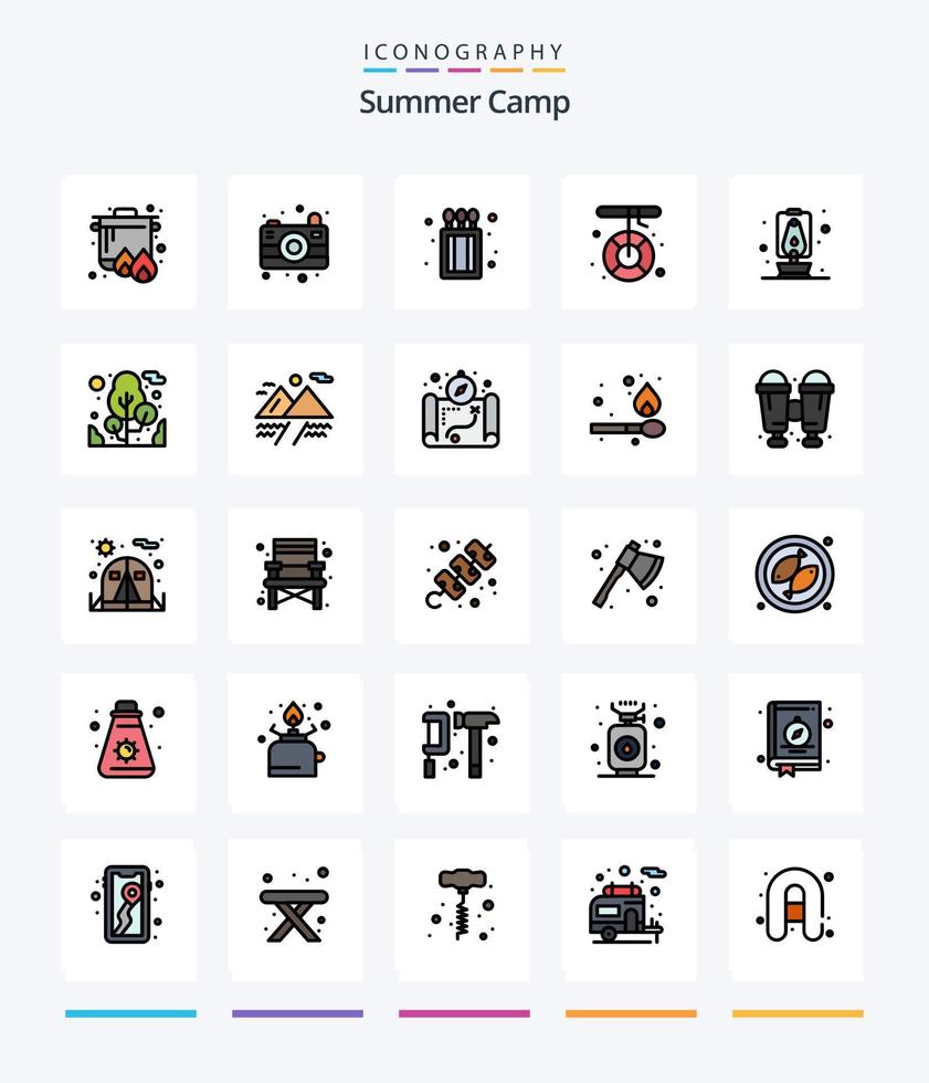 kreativ sommar läger 25 linje fylld ikon packa sådan som resa. lykta. brand. rädda. hjälp vektor