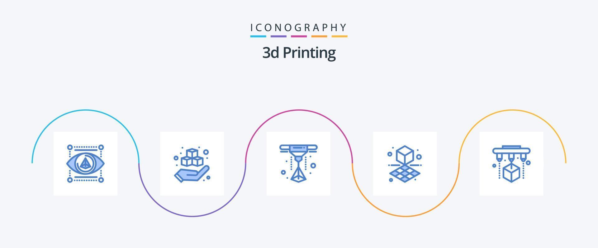 3d utskrift blå 5 ikon packa Inklusive 3d. utskrift. produkt. kub. skrivare vektor