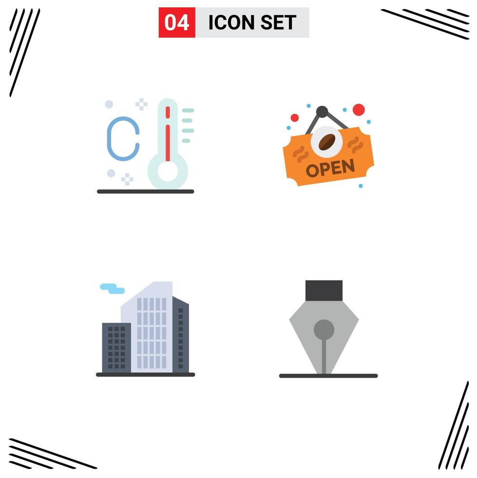 Flaches Icon-Paket mit 4 universellen Symbolen für bearbeitbare Vektordesign-Elemente des Thermometer-Urlaubs-Tintenladen-Immobilienwerkzeugs vektor