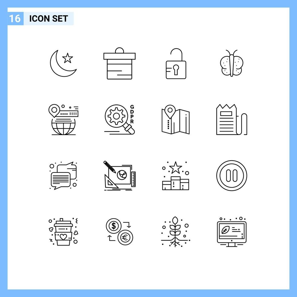 satz von 16 modernen ui-symbolen symbole zeichen für weltkarte entriegeln natur schmetterling editierbare vektordesignelemente vektor