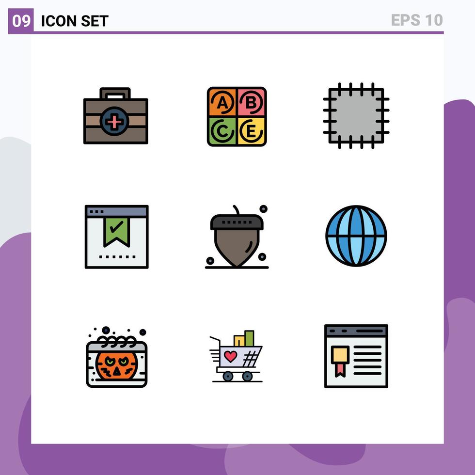 Set mit 9 kommerziellen Filledline-Flachfarben-Packs für Globus Erde Check Thanksgiving Eichel editierbare Vektordesign-Elemente vektor