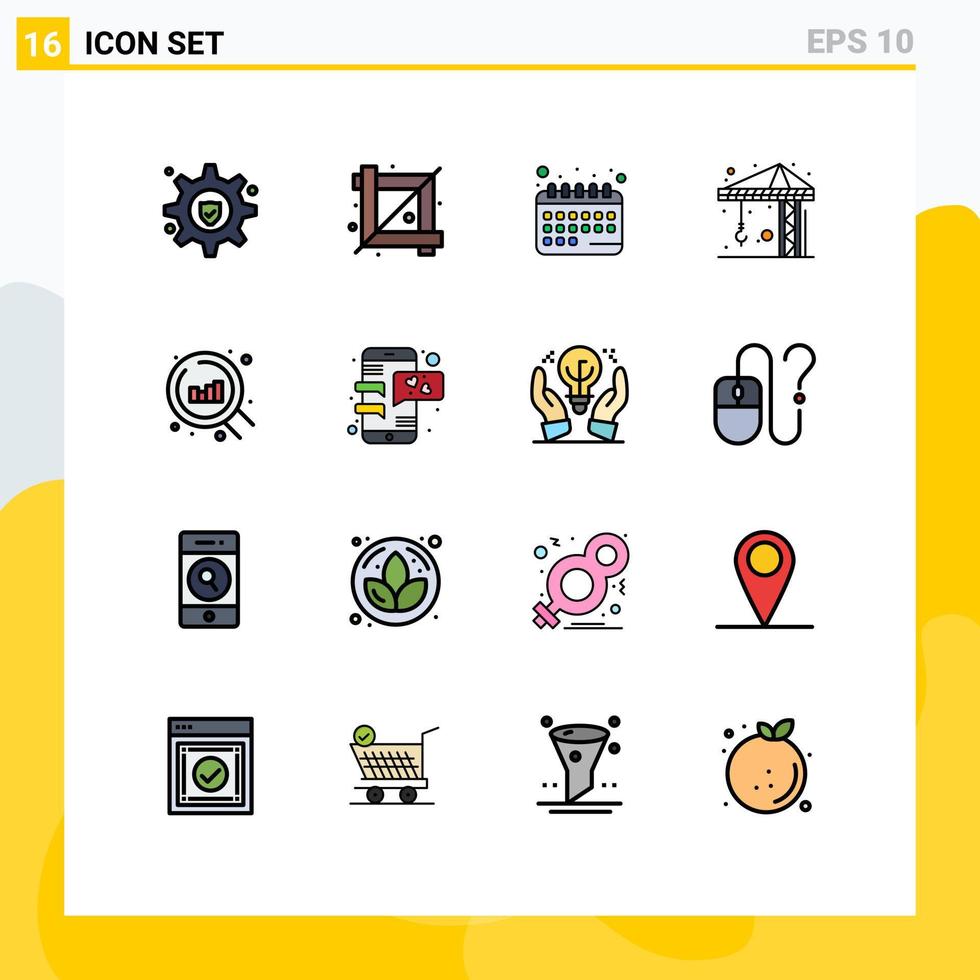 Flache, farbgefüllte Linienpackung mit 16 universellen Symbolen für Chat-Diagrammkalender-Webkonstruktionen, editierbare kreative Vektordesign-Elemente vektor
