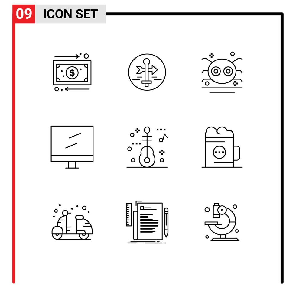 Packung mit 9 kreativen Umrissen von Gitarren-Display-Reise-Computer-Spinne editierbare Vektor-Design-Elemente vektor