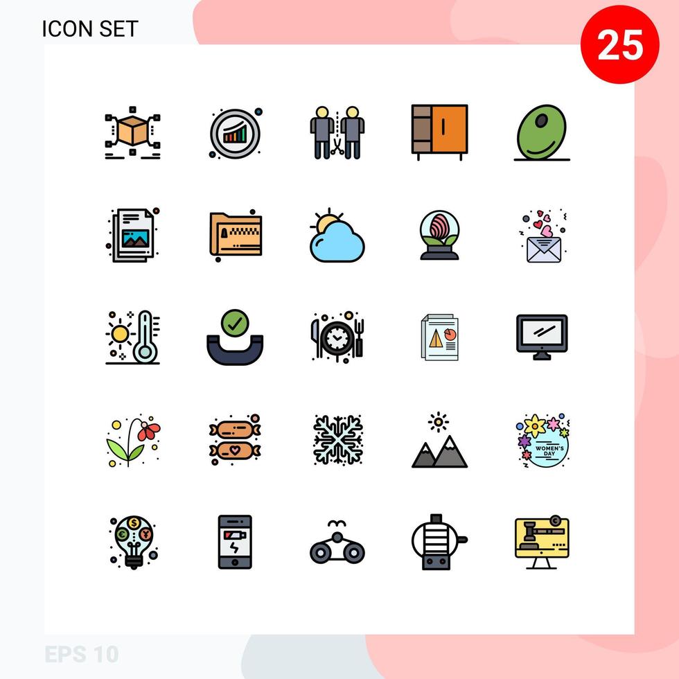 grupp av 25 modern fylld linje platt färger uppsättning för garderob Hem statistik möbel människor redigerbar vektor design element