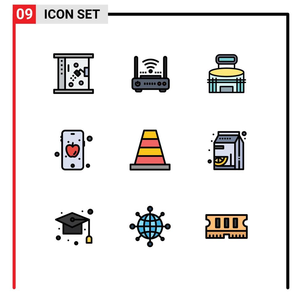 moderner Satz von 9 gefüllten flachen Farben und Symbolen wie Cone Apple Modem Mobile Sport editierbare Vektordesign-Elemente vektor