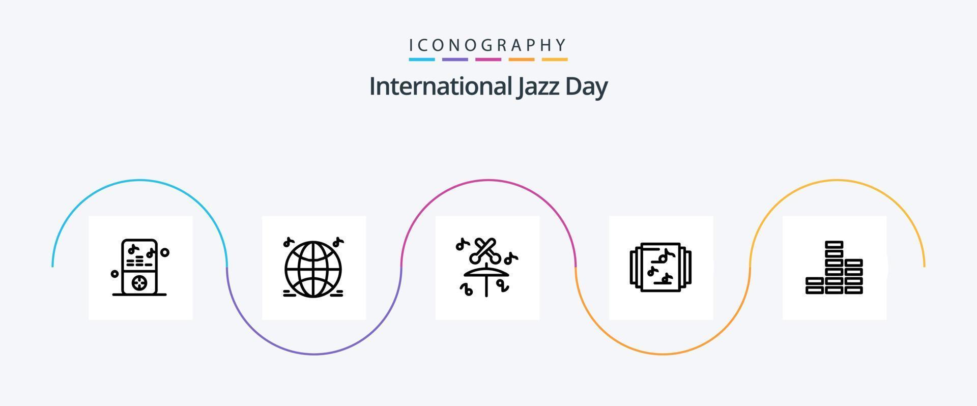 International Jazz Day Line 5 Icon Pack inklusive . Bücherei . Multimedia. Sammlung . Multimedia vektor