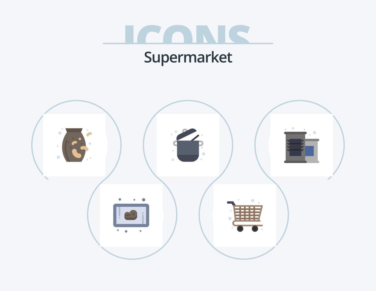 Supermarkt flach Icon Pack 5 Icon Design. . Supermarkt. Gemüse. Dosen Essen. Topf vektor